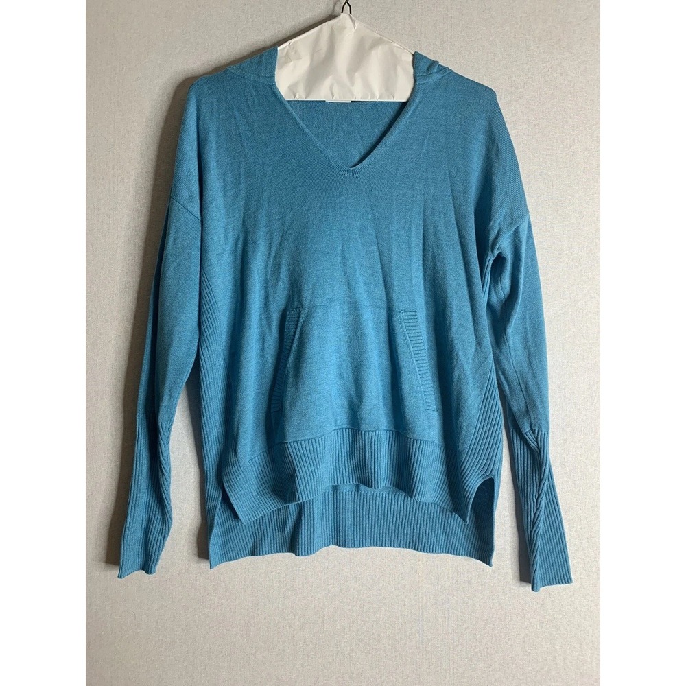 Cabi Pullover Hoodie Women Small Blue V-Neck Cotton Rayon Knit Coastal Casual